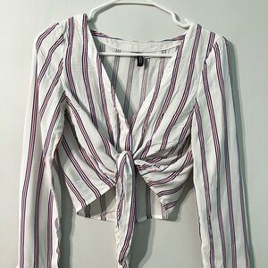 H&M White Striped Blouse w Front Knot